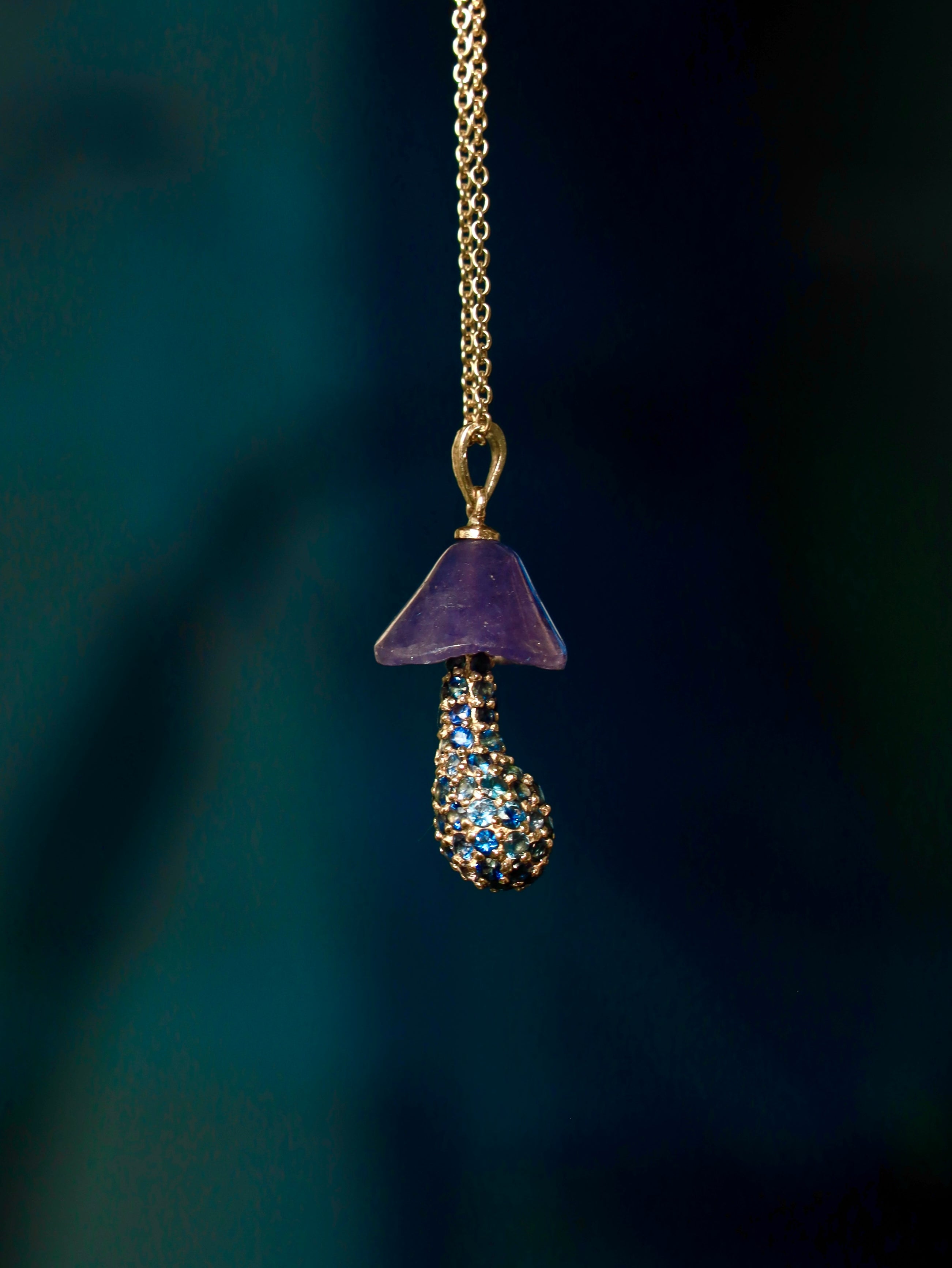 Hand-Carved Tanzanite Mushroom Necklace – 14k Gold Talisman