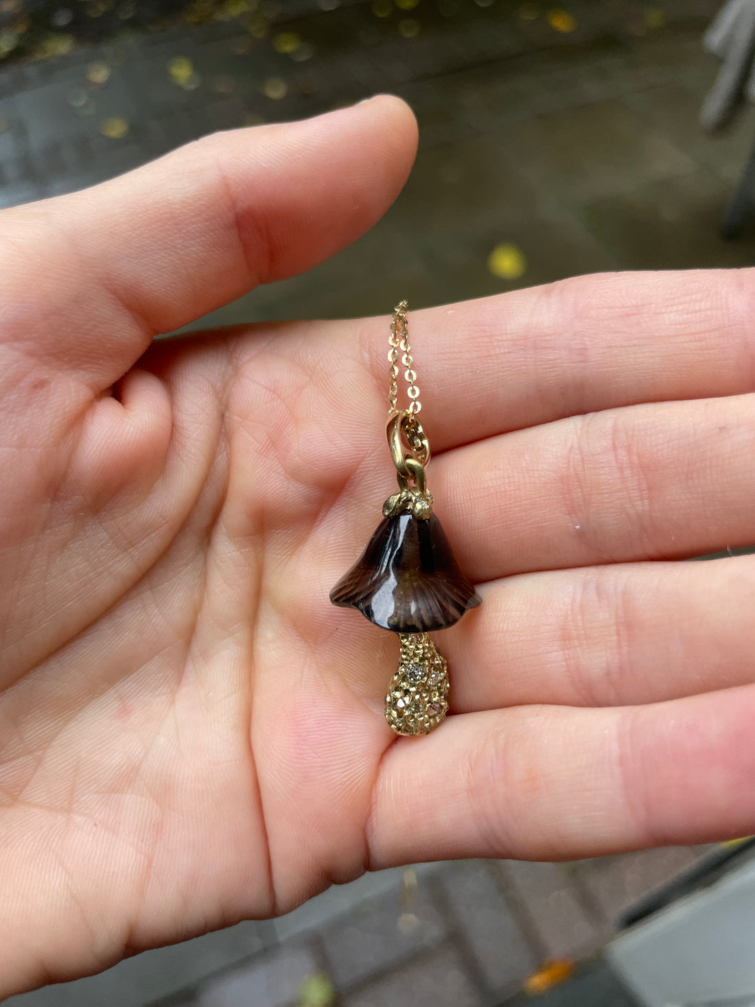 smokey quartz mushroom necklace in 14k gold by Martina Kocianova