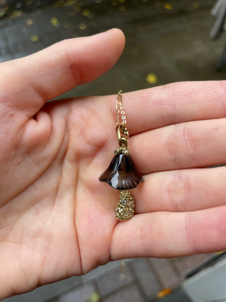 smokey quartz mushroom necklace in 14k gold by Martina Kocianova