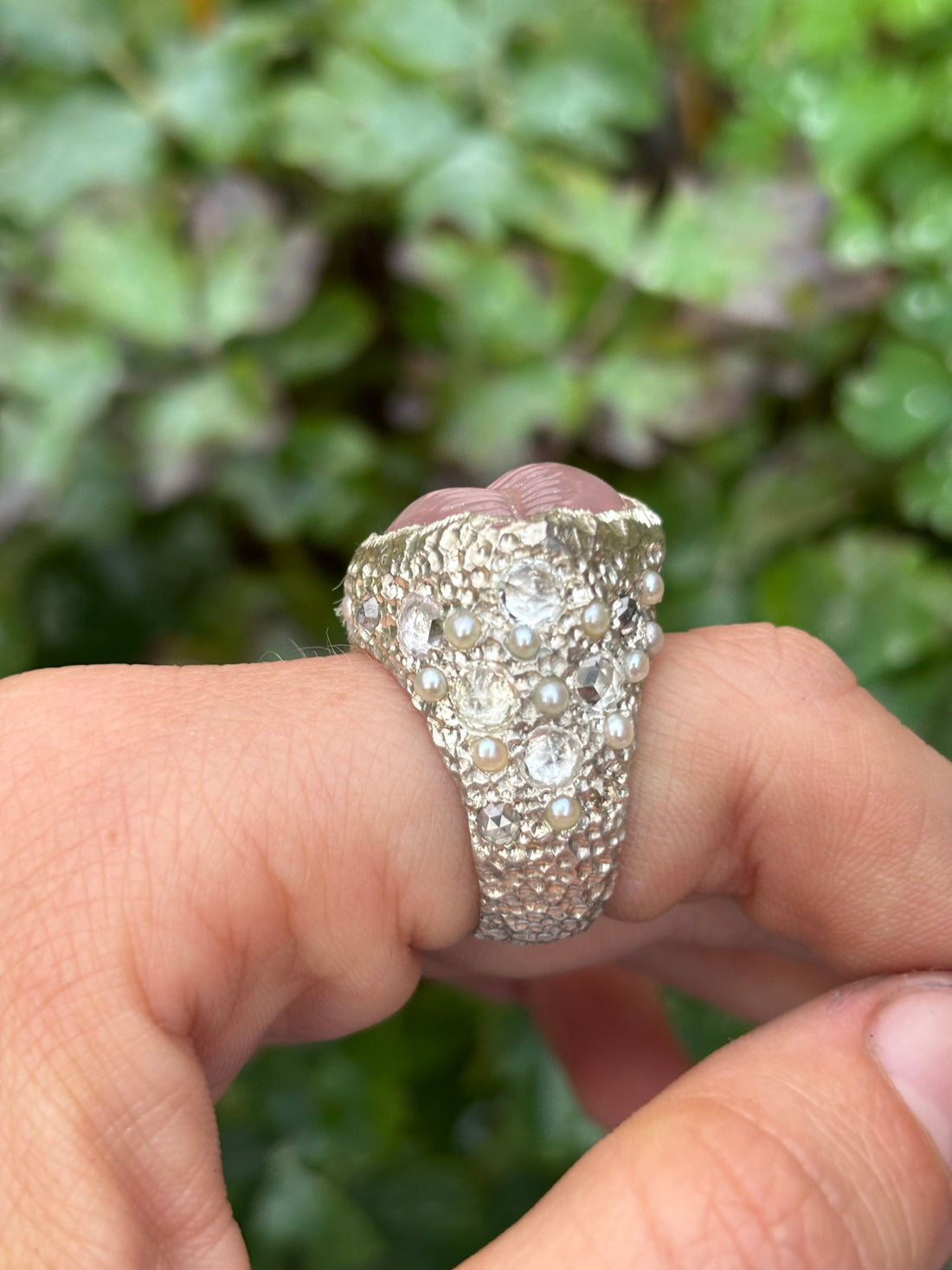Hand wearing a silver ring with gemstones against a blurred green background
