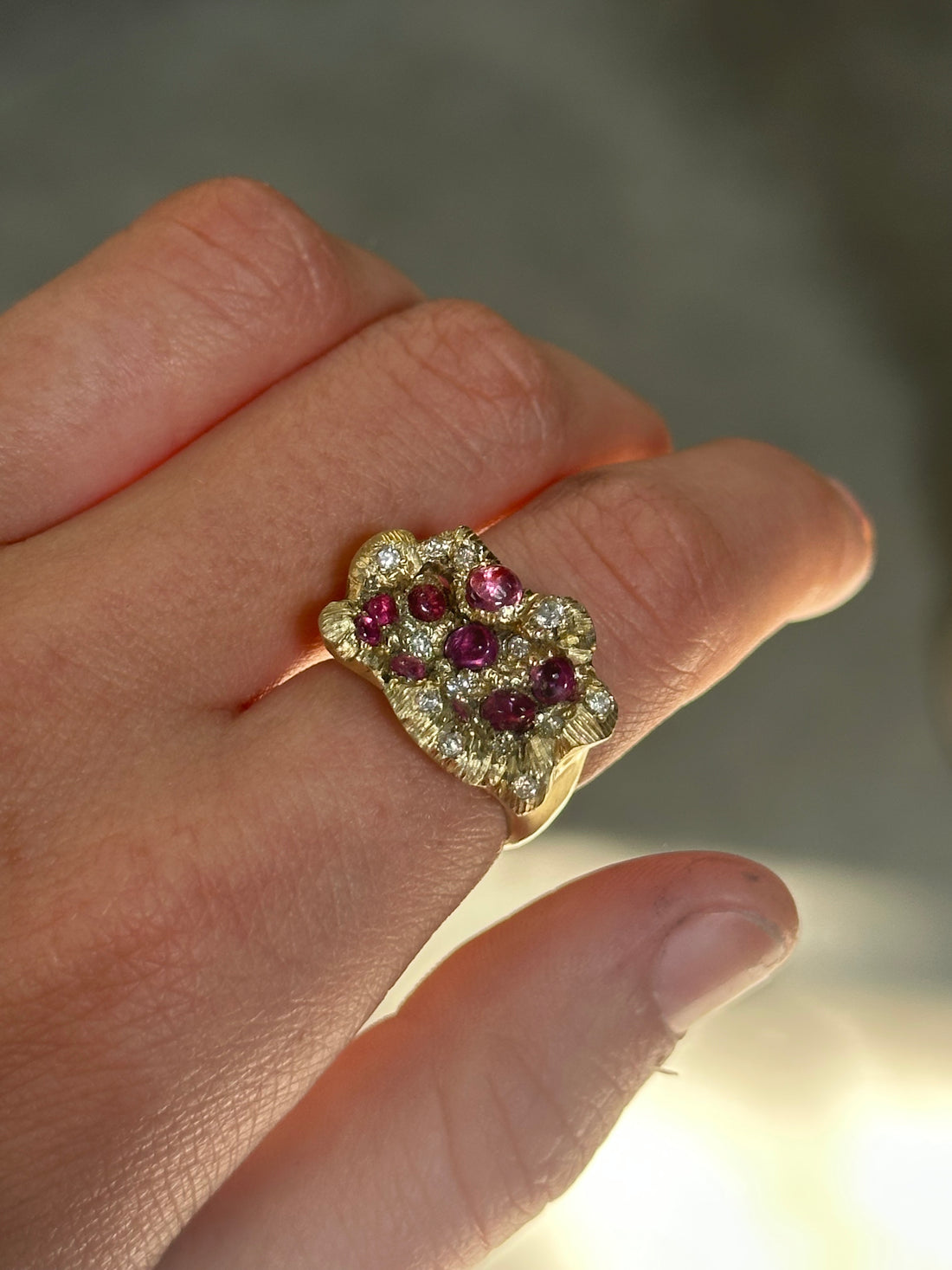 nature inspired ruby and 14K gold ring