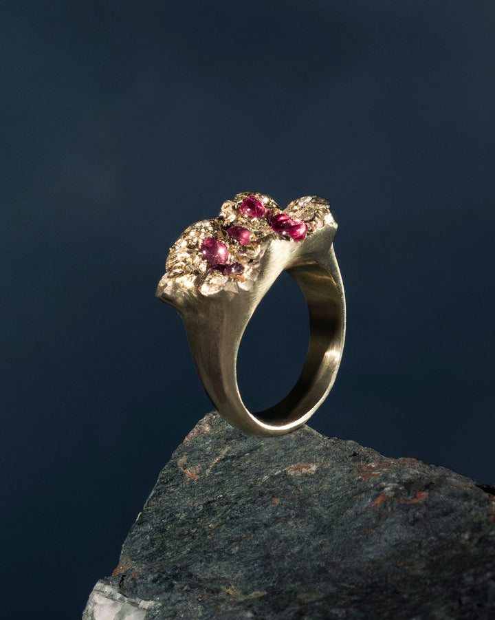 nature inspired ruby and 14K gold ring
