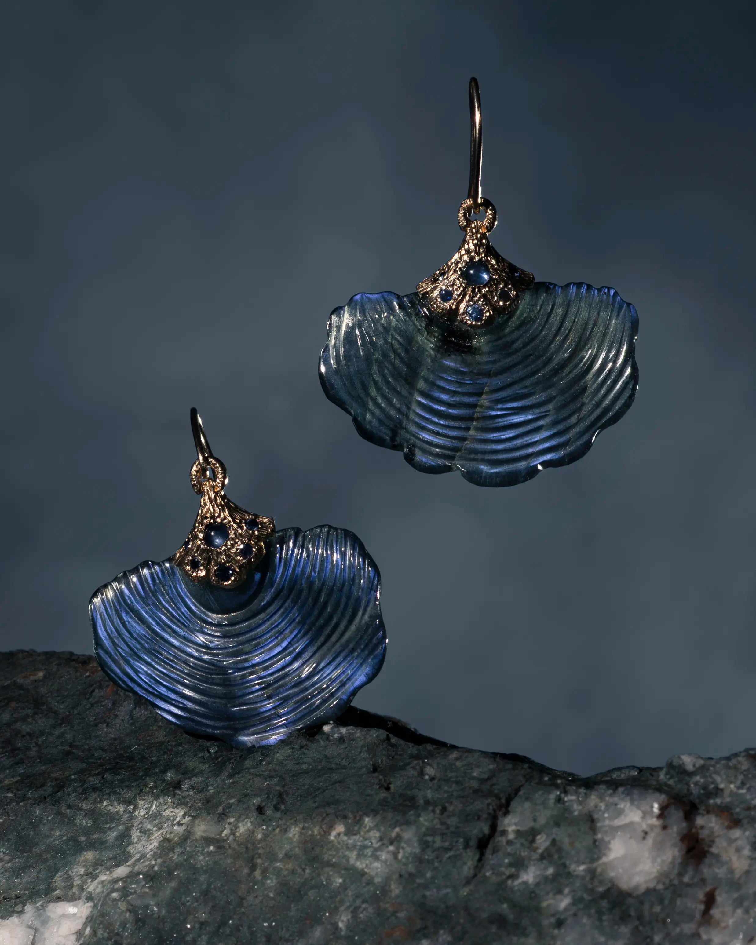 hand carved Labradorite earrings in 14K gold