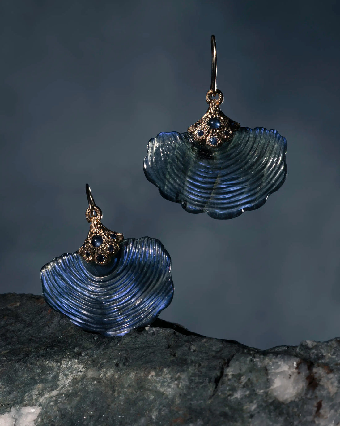 hand carved Labradorite earrings in 14K gold