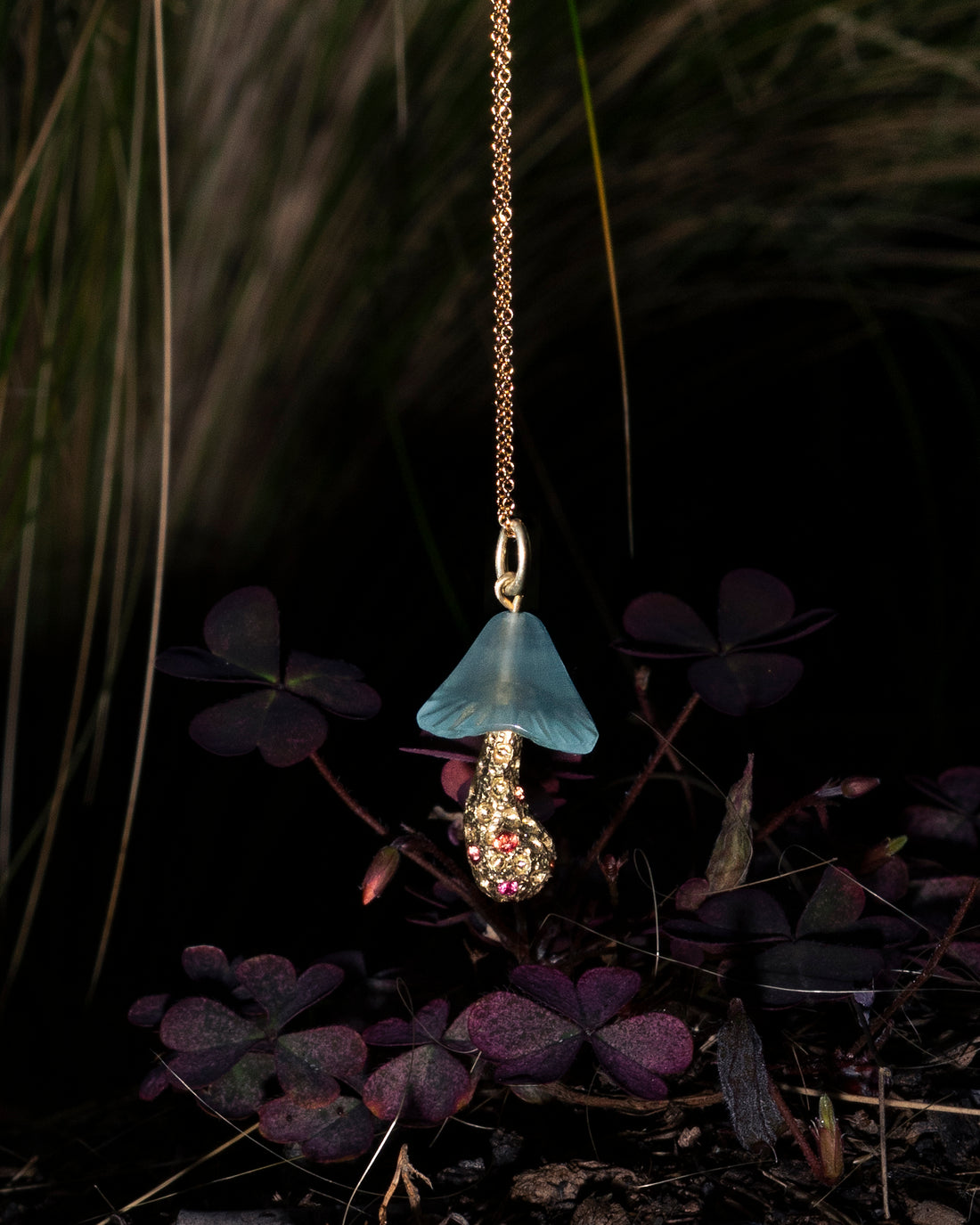 aquamarine mushroom necklace in 14k gold by Martina Kocianova