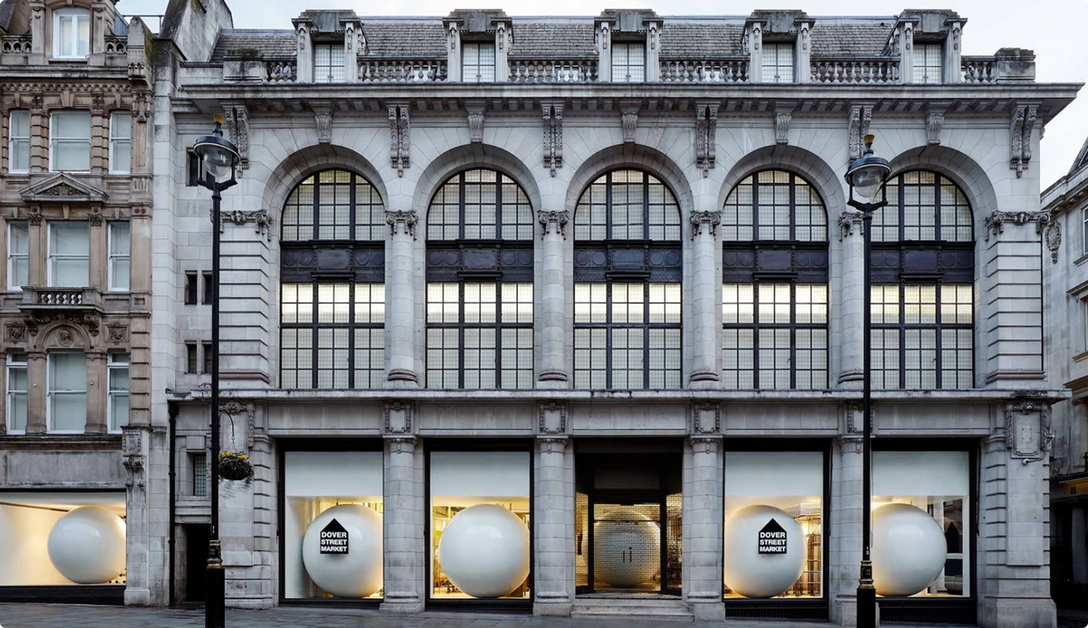 Stylish building facade with large windows and decorative elements