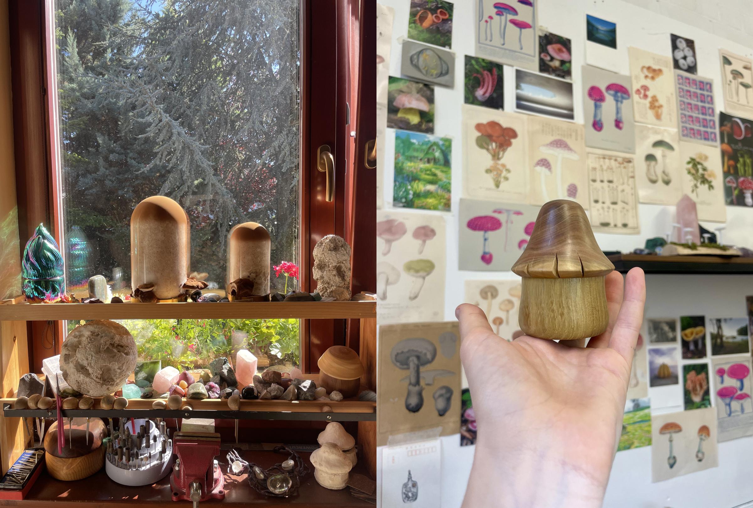Collage of a shelf with various small objects and a hand holding a wooden mushroom-shaped object.