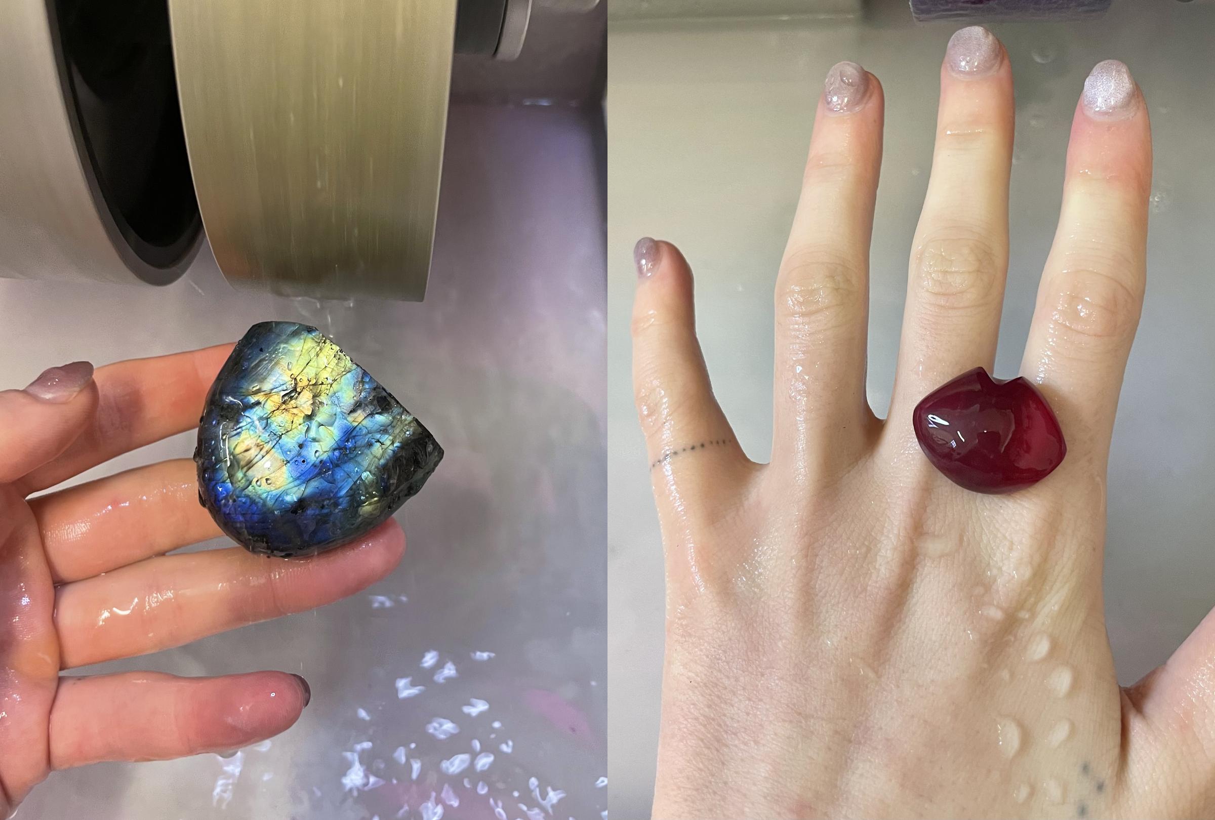 Raw labradorite stone held by a hand next to a finished gemstone ring on another hand.