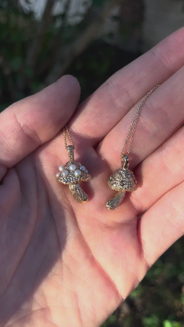 Diamond and Pearl Mushroom pendants in 14K gold